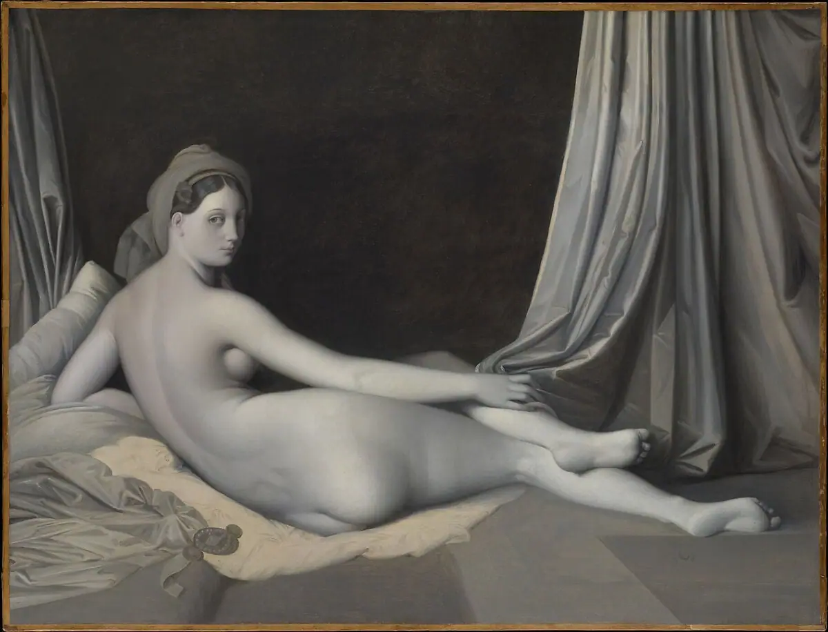 La Grande Odalisque by Ingres, a reclining nude with elongated proportions painted in smooth porcelain tones