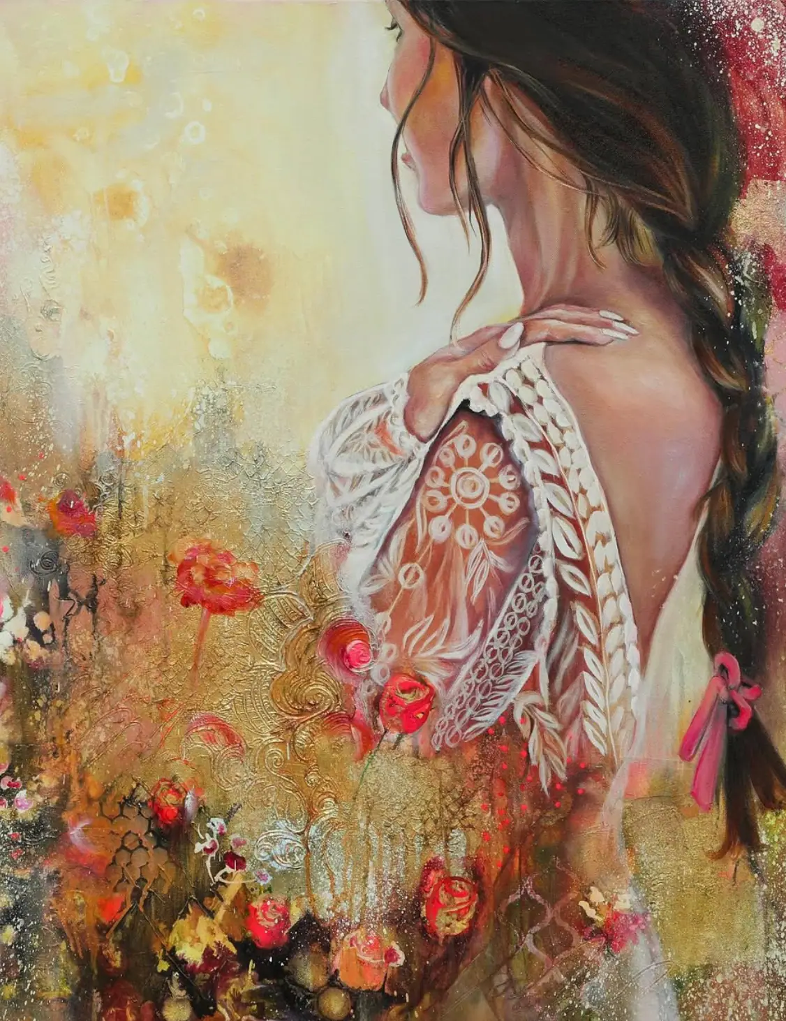 Painting of a woman with red roses and gold accents framing her face