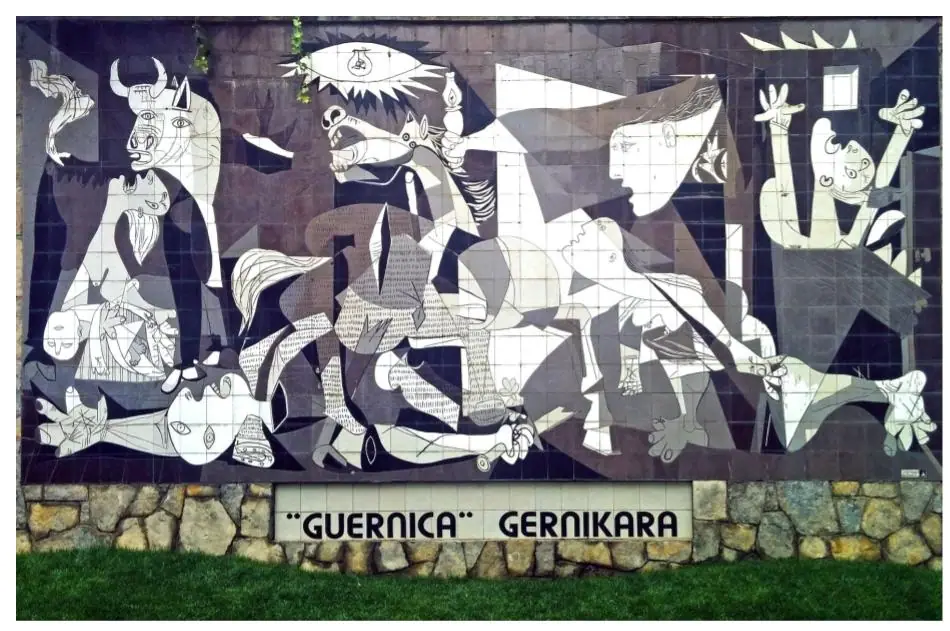 Guernica by Pablo Picasso, gray and black figures arranged with actual and implied lines