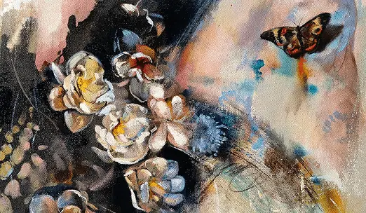 Abstract floral painting with cream blooms, a brown butterfly, and a soft blue background