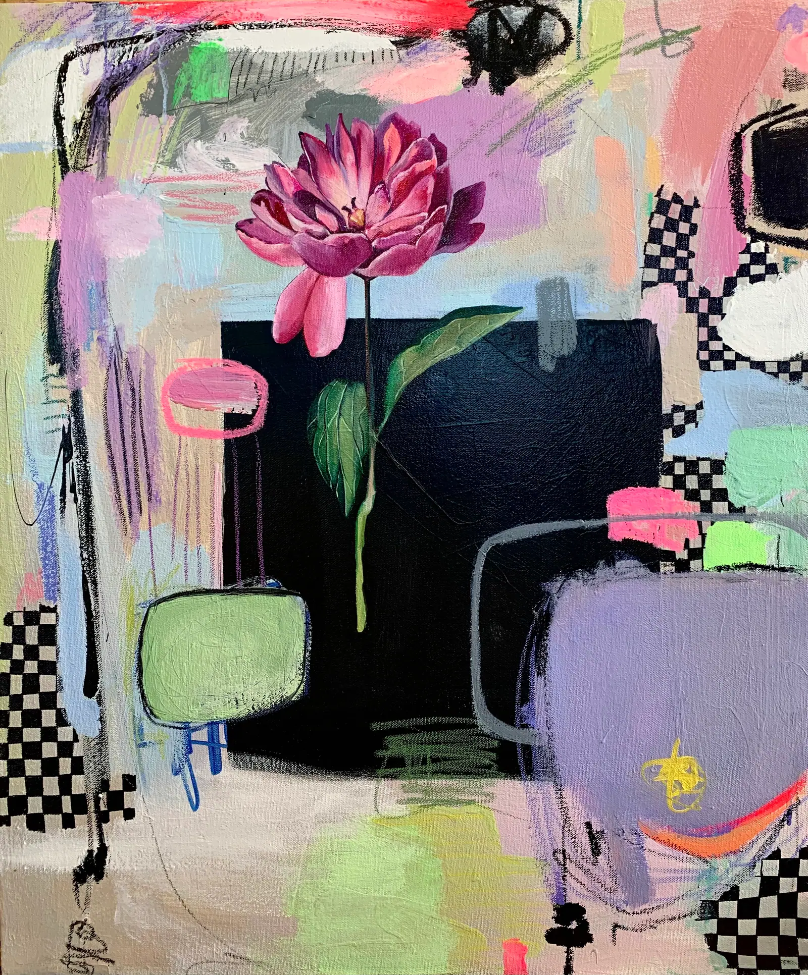 Abstract painting of pink flowers over a soft checkered pattern