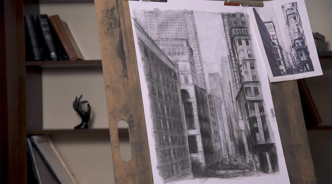 Finished subtractive charcoal drawing showing a full value range from white highlights to dark shadows