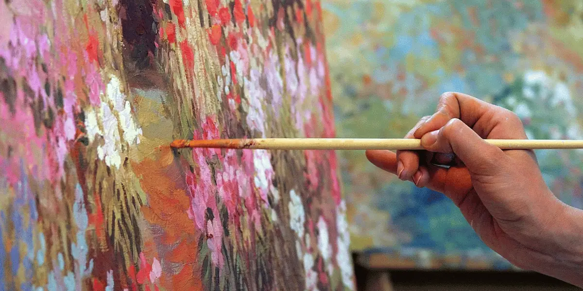 Mixed media painting with layered orange, pink, brown, and teal passages