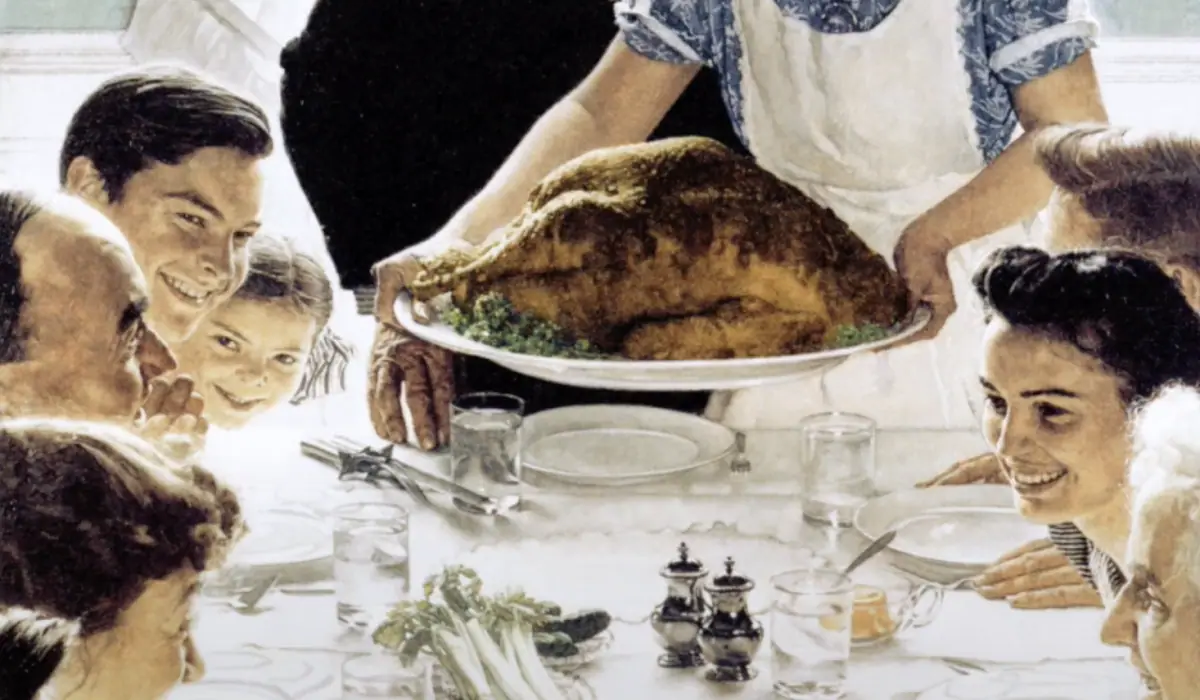 Norman Rockwell's Freedom From Want, a family seated around a Thanksgiving table as a grandmother sets down a large roast turkey