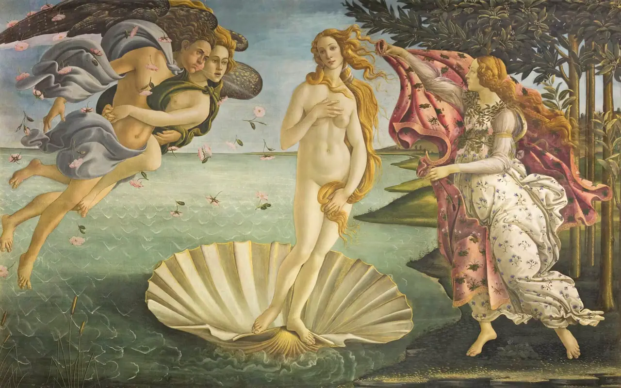 The Birth of Venus by Sandro Botticelli, the goddess standing on a shell as wind figures blow flowers toward her