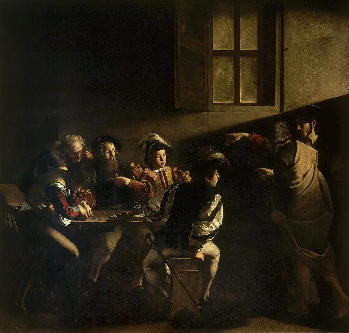 The Calling of Saint Matthew by Caravaggio, a shaft of light cutting across a dark tavern toward Matthew at the table