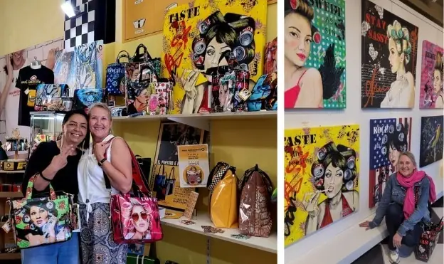 Bianca Lever's artwork displayed in a gallery and printed on limited edition art bags