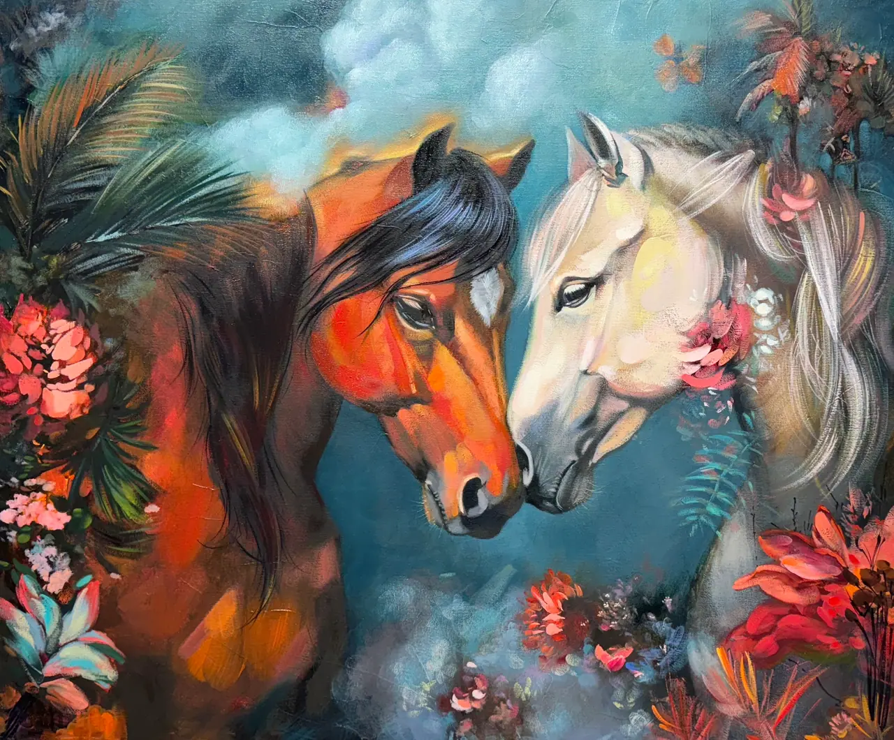 Narrative painting that blends figures and symbolic objects to suggest a story