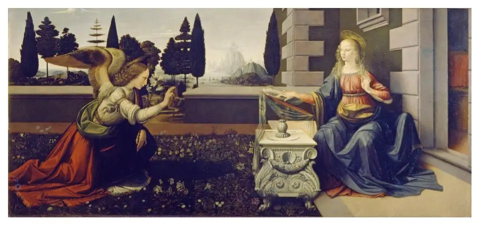 The Annunciation by Leonardo da Vinci showing the Angel Gabriel kneeling before the Virgin Mary in a garden