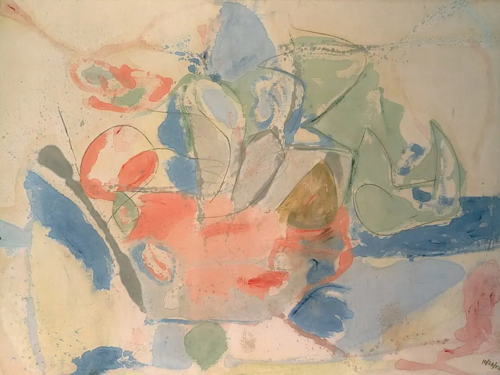 Helen Frankenthaler Mountains and Sea showing soft soaked stains of color on raw canvas