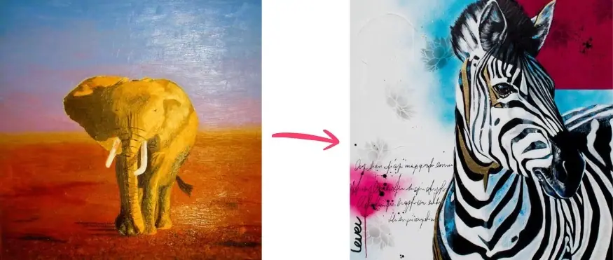 Two of Bianca Lever's paintings side by side, an elephant and a zebra, showing her range