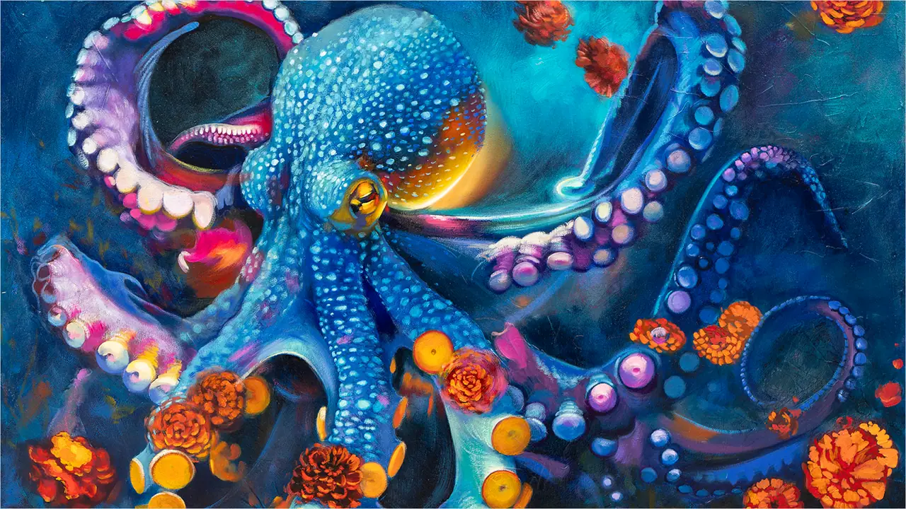 Underwater oil painting of an octopus among purple and orange flowers