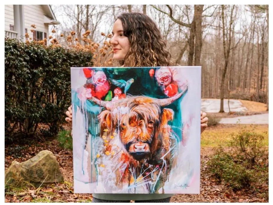 Oil painting of a girl holding flowers beside a cow in pink and teal built with the fat over lean technique
