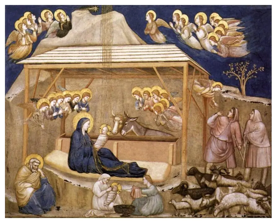 Giotto fresco of the Nativity, the figures gathered around the newborn Christ with tenderness and real warmth on their faces