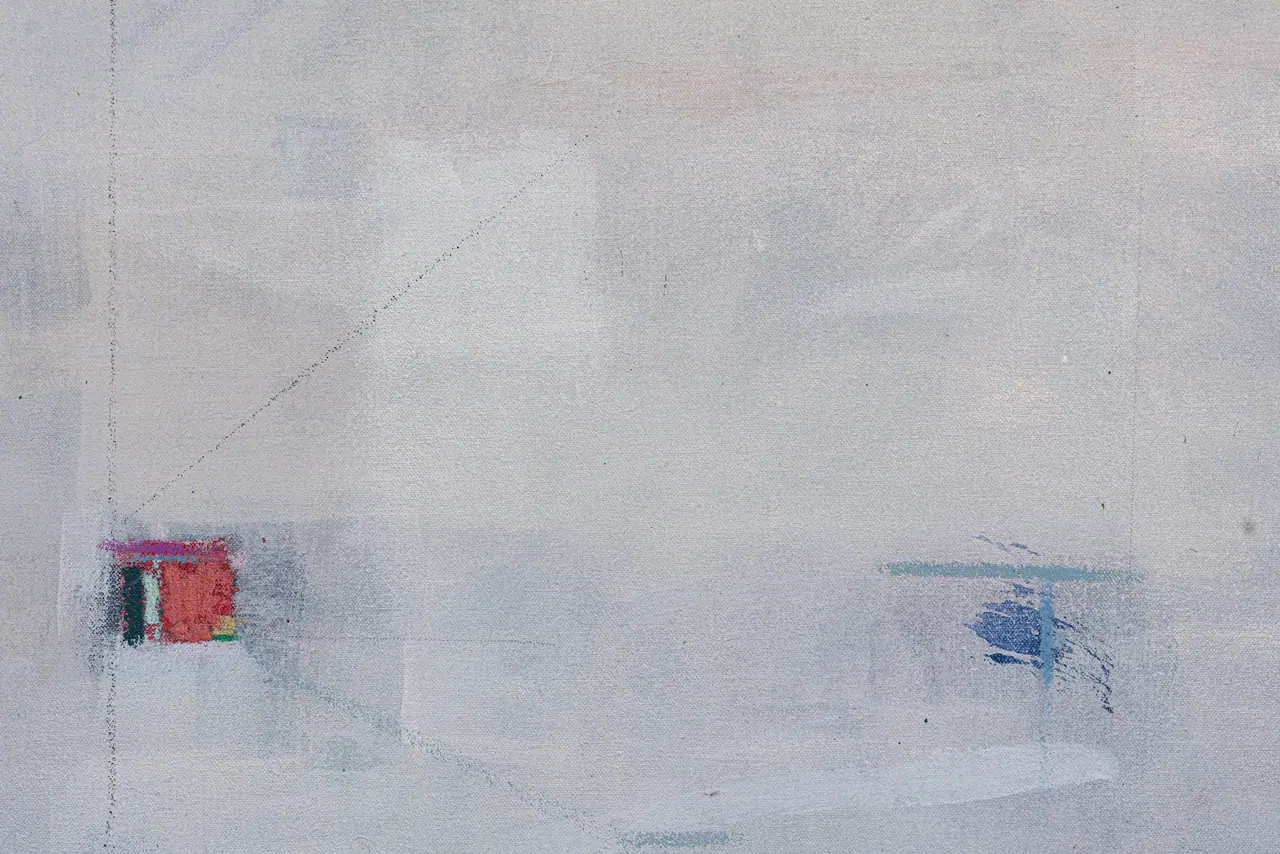 Minimalist composition in white, blue, and red with large areas of open space