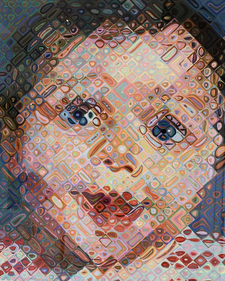 Emma by Chuck Close, a portrait of a child built from a colorful grid that reads as realistic from a distance and abstract up close