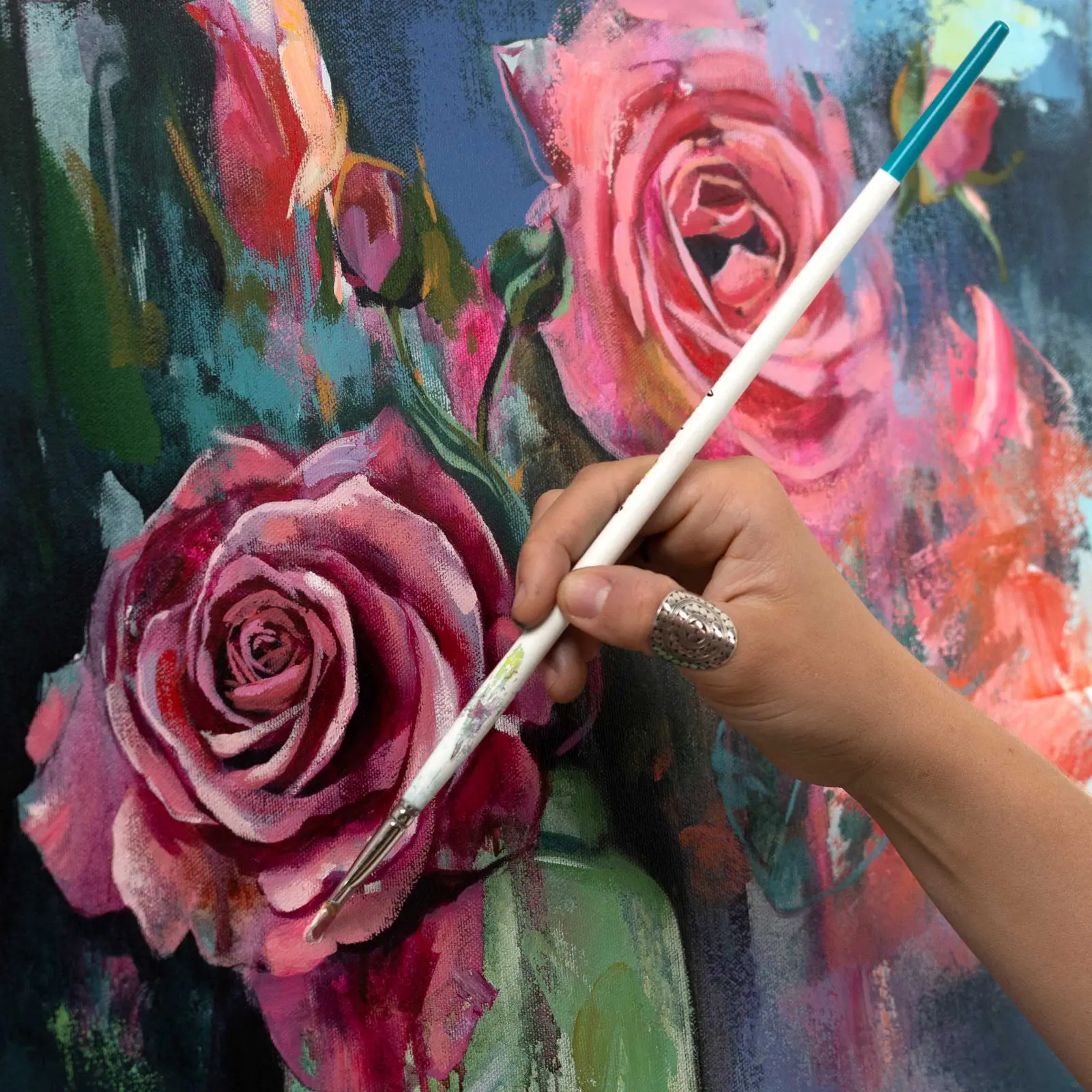 Soft acrylic floral painting of pink and white roses in a loose painterly style
