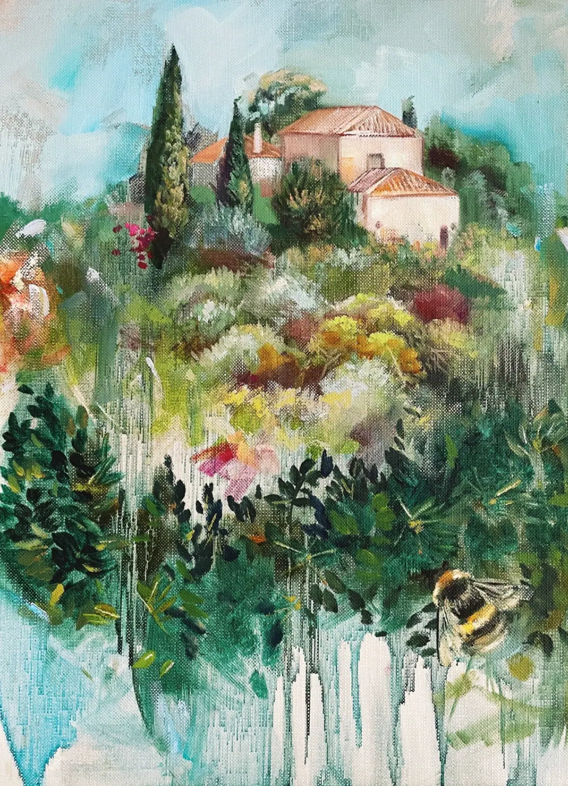 Landscape painting of a small house among green trees with a bumble bee