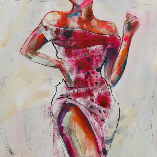 Expressionist painting of a woman in a pink dress with warm orange and cream skin tones