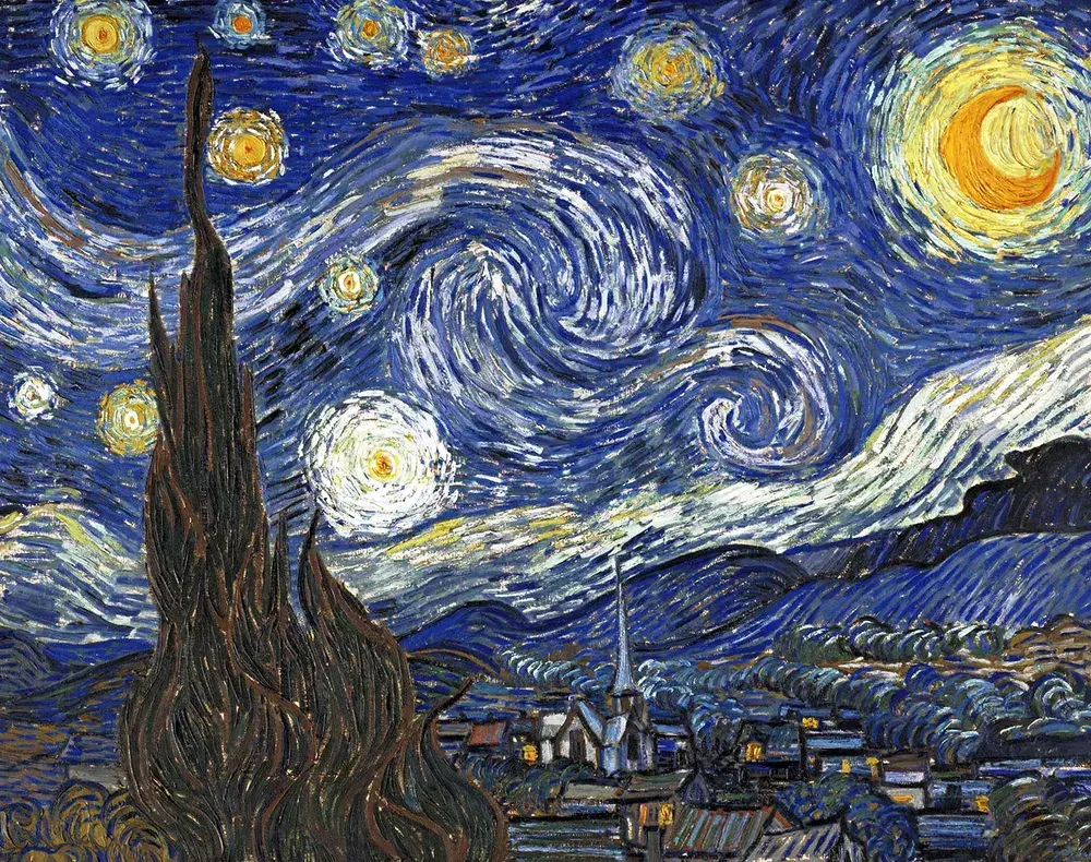 Vincent van Gogh The Starry Night showing a swirling night sky in blues and yellows above a sleeping town