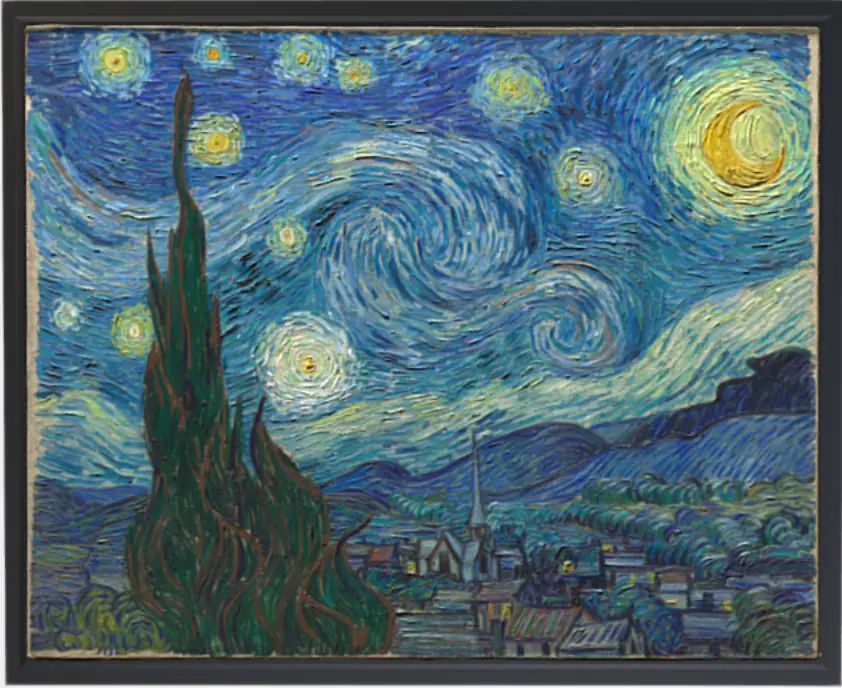 The Starry Night by Vincent van Gogh, a swirling blue night sky with blazing yellow stars over a sleeping village