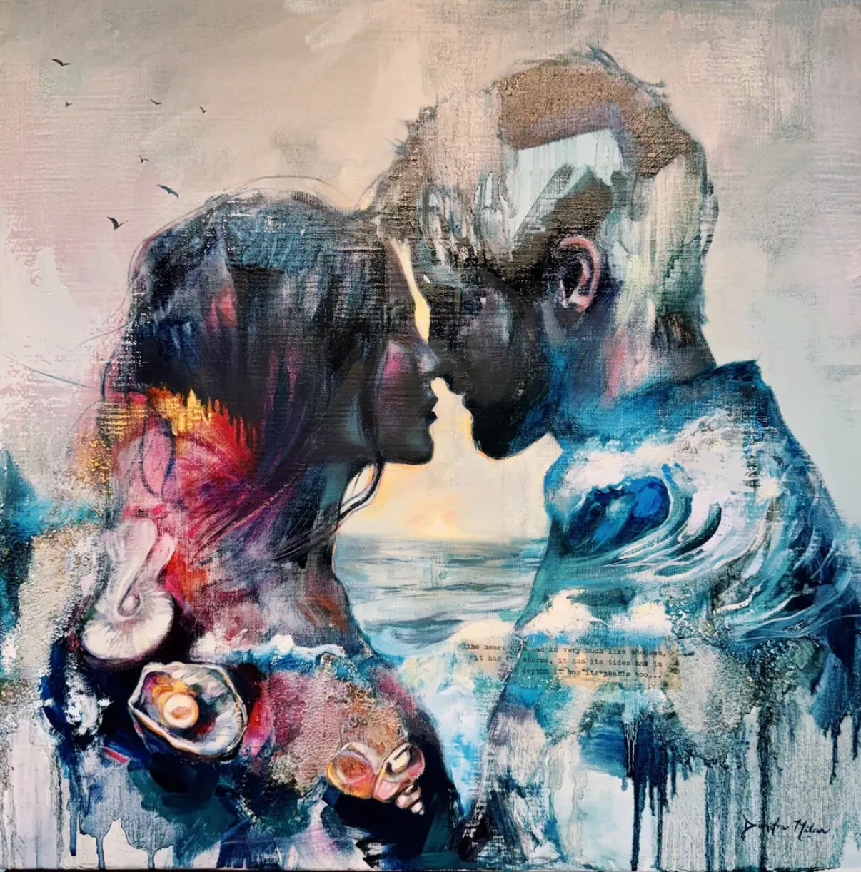 Soft portrait of a couple together painted in blue and pink