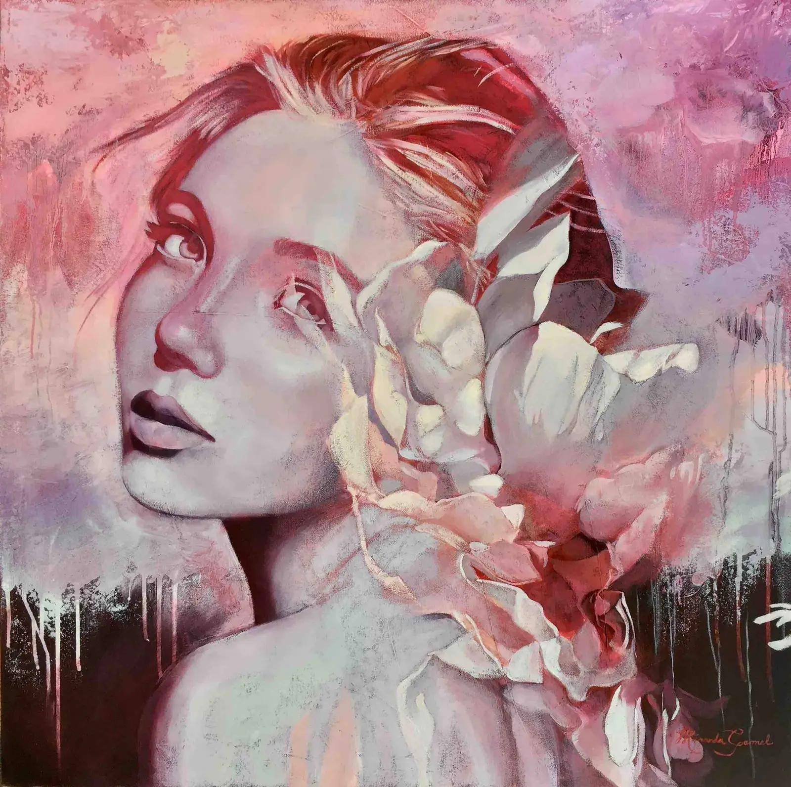 Floral painting of a girl among pink, red, and cream flowers