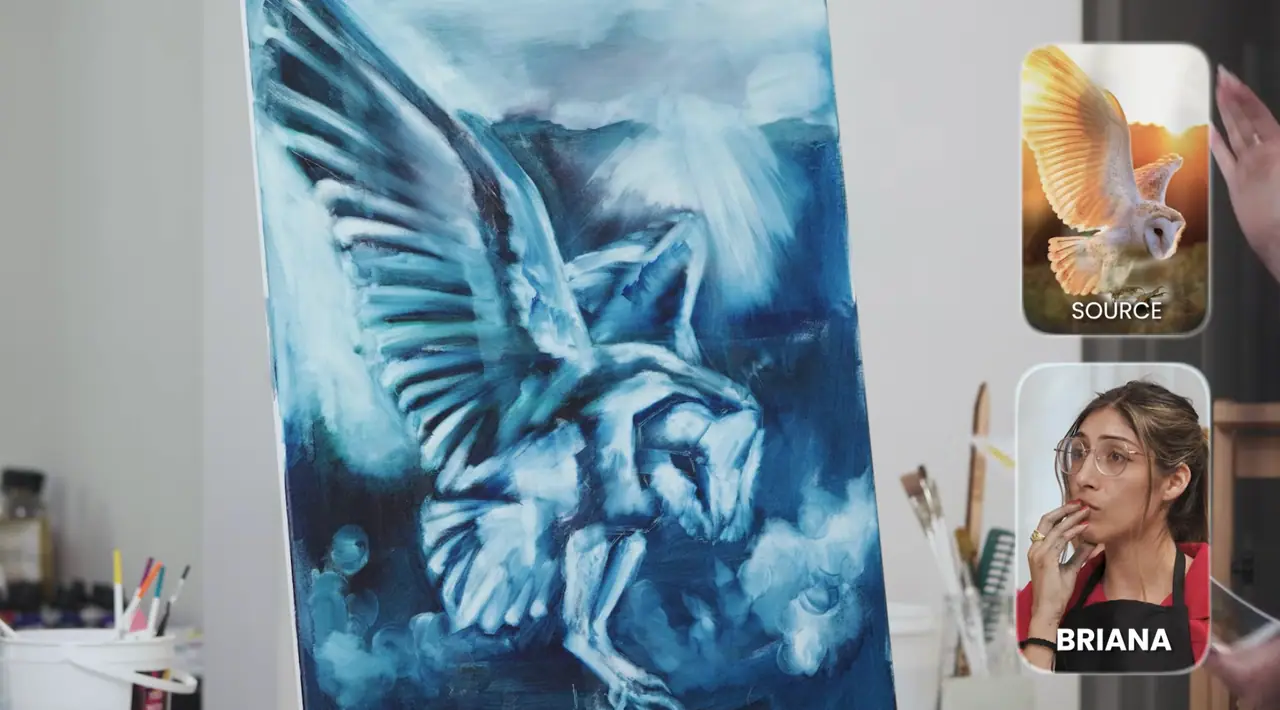 Blue and white underpainting with the source photo and the artist who painted it