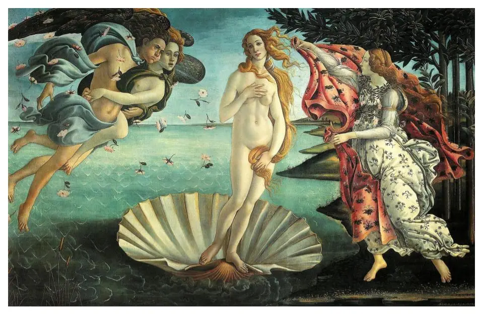 The Birth of Venus by Sandro Botticelli, the goddess of love arriving on a seashell