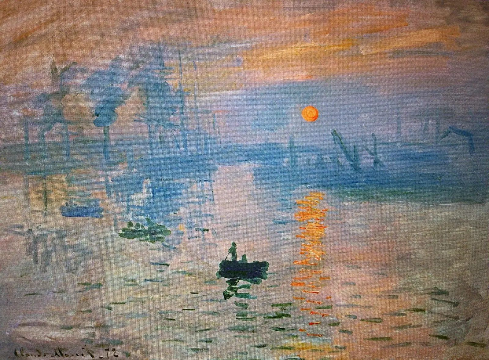 Claude Monet Impression Sunrise showing an orange sun over a misty blue harbor with loose visible brushstrokes