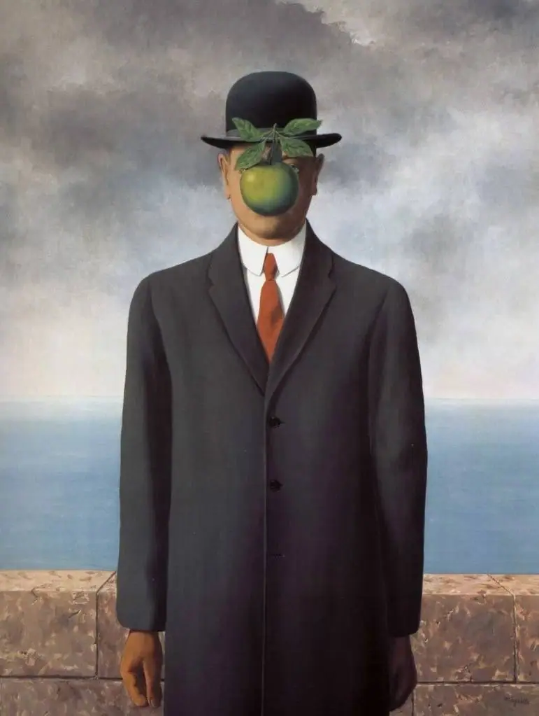 The Son of Man by Rene Magritte, a man in a bowler hat and overcoat with a green apple floating in front of his face, the sea and a low wall behind him
