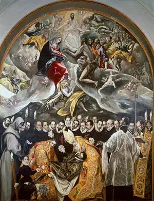The Burial of the Count of Orgaz by El Greco, saints lowering the count while elongated figures fill a swirling heaven above