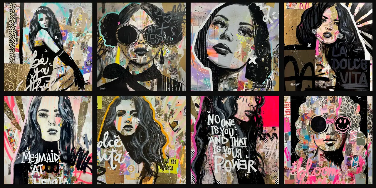 Contemporary pop art portraits of women in bold colors with graffiti style marks by Tanya Aubut