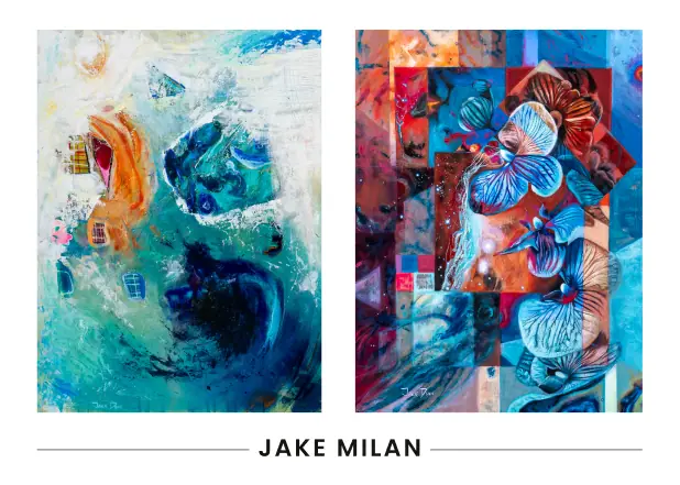 Two abstract paintings by Jake Dunn in blue, green, red, and orange