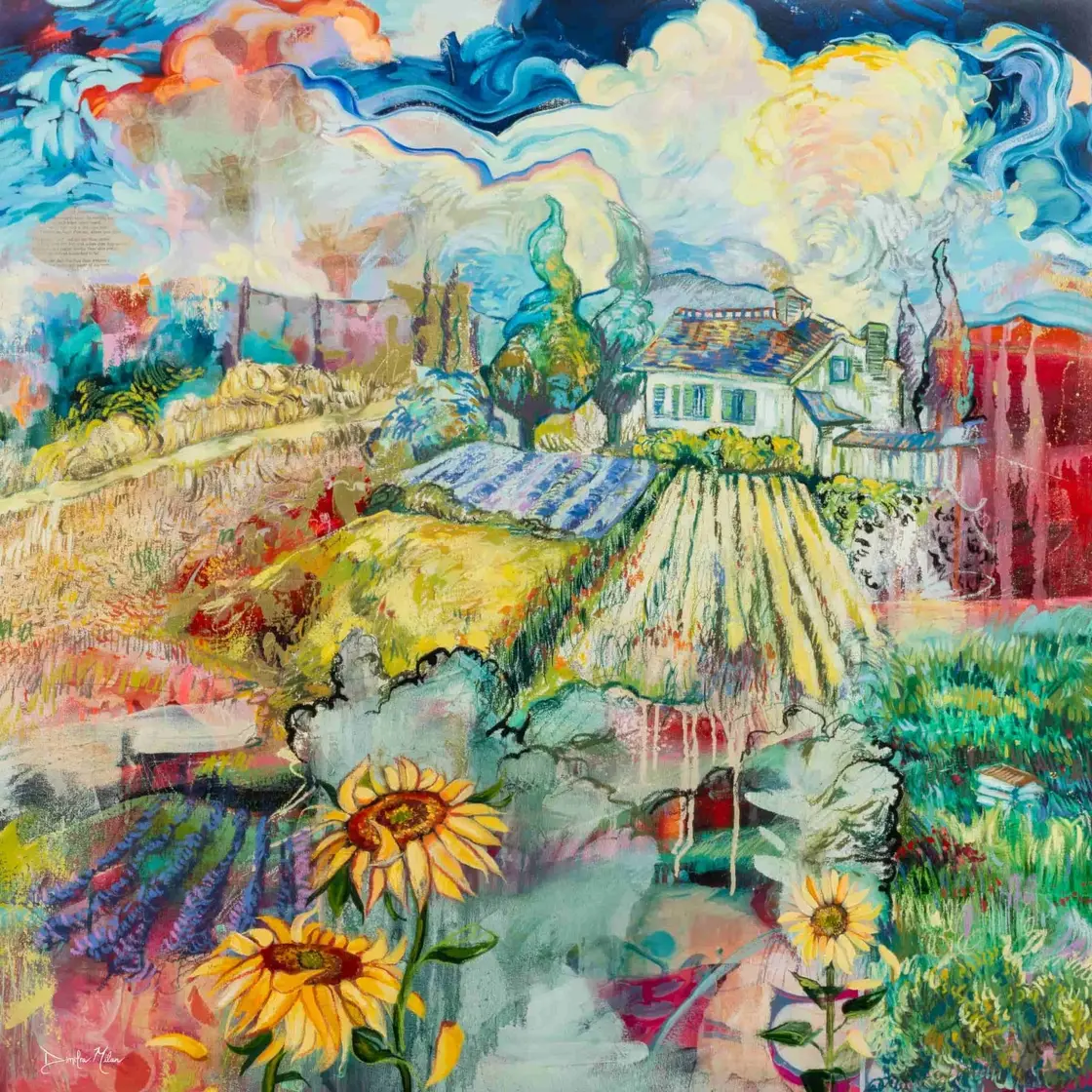 Dimitra Milan's painting Song of Abundance: a luminous landscape of fields and a swirling sky with sunflowers in the foreground, in bold expressive brushwork